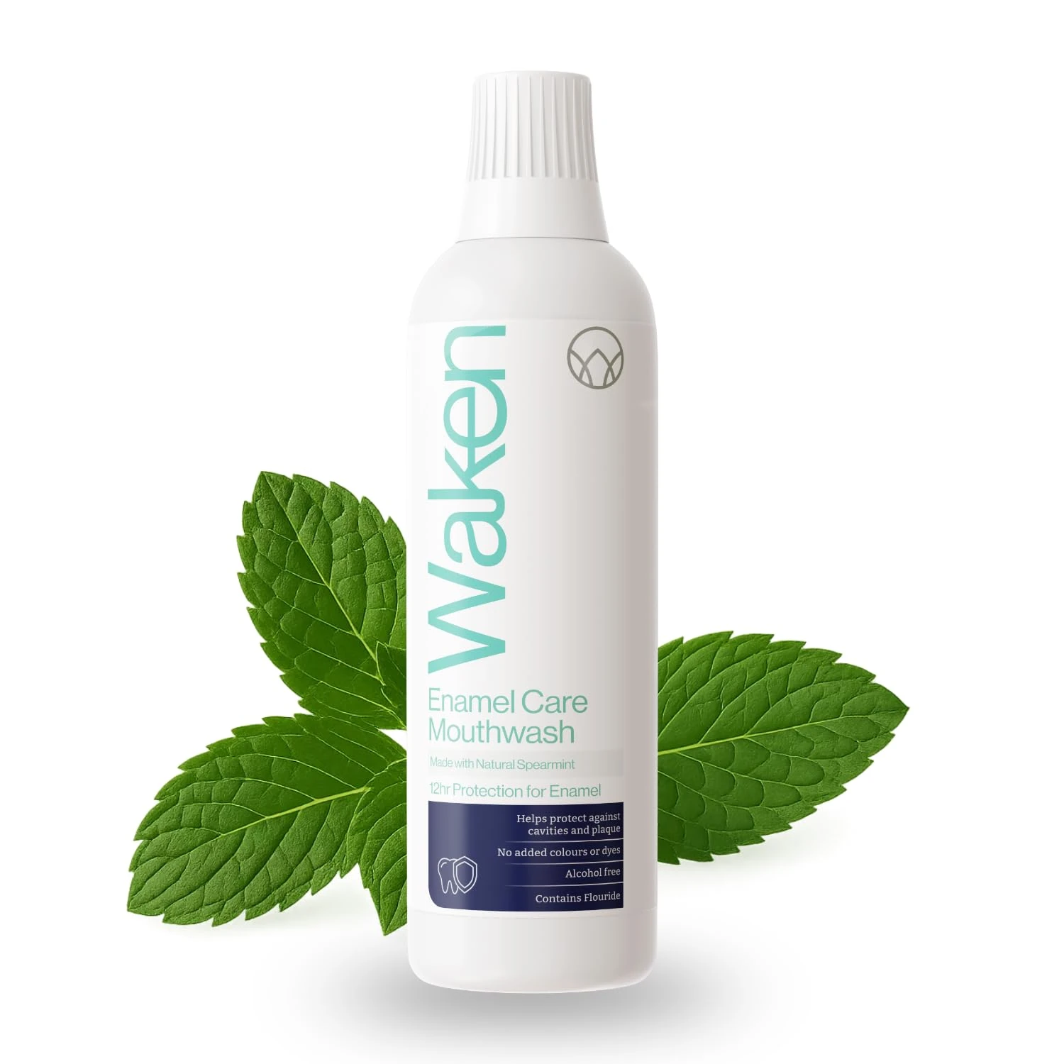 Waken Enamel Care Mouthwash, Alcohol Free with Natural Mint Extracts, 12hr Protection, Vegan, Fluoride Mouthwash for Enamel, Clean Teeth, Fresh Breath & Oral Care, No Artificial Colours or Dyes, 500ml
