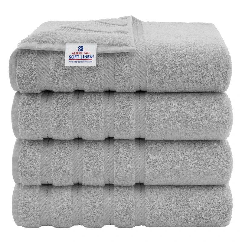 American Soft Linen Luxury 4 Piece Bath Towel Set, 600 GSM 100% Cotton Turkish Bath Towels for Bathroom, 27x54 in Large Bathroom Shower Towels, Light Grey