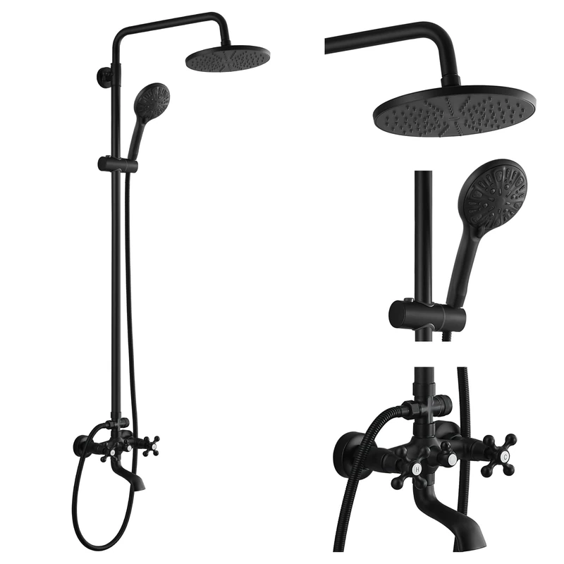 Matte Black Exposed Shower Faucet Set ABS Shower Head and Handheld 8 Rain 2 Double Knobs Handle Triple Function Tub Spout Shower Fixture Combo System Unit System Set