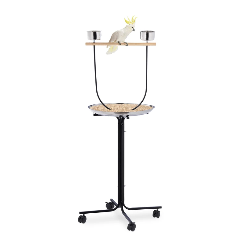 Relaxdays Parrot Perch, Approach Bar, 2 Feeding Bowls & Drip Tray, On Wheels, Steel Metal, Bird Cage Accessories, Black, Plastic, 130 x 60 x 60 cm