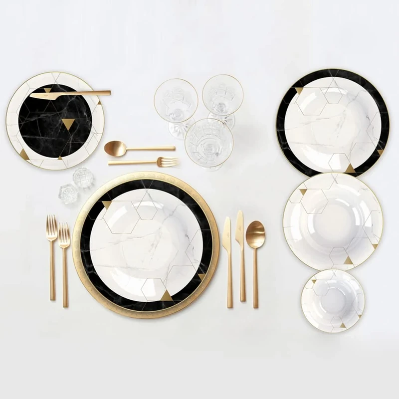 Karaca Gem 24-Piece Dinner Set for 6 People, Black & White Bone China Dinnerware Sets, Scratch & Crack Resistant, Dishwasher Safe, Luxury Plate Set with Marble & Gold Geometric Design