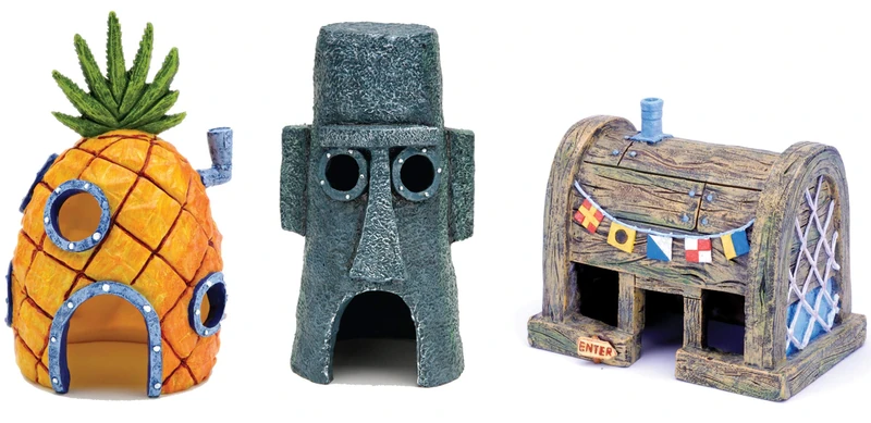 Penn-Plax Spongebob Squarepants Officially Licensed 3-Piece Aquarium Ornament Bundle – Spongebob’s Pineapple House, Squidward’s Easter Island Home, and The Krusty Krab - Image 1