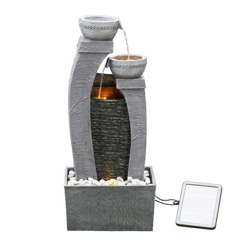 Teamson Home Solar Powered Water Feature, Indoor or Outdoor Garden Water Fountain, Indoor Waterfall with Battery Back Up and LED Lights, 3 Tier, Grey