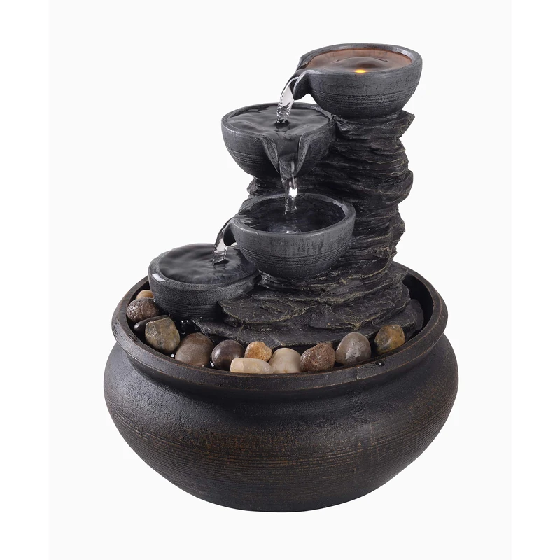 Teamson Home Indoor Tabletop Water Feature, 4 Tiered Small, Mini Water Fountain Decor, Modern Cascading Waterfall Ornament with Lights & Pump, Grey