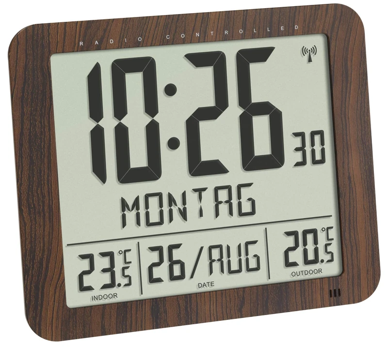 TFA Dostmann Radio Wall Clock Wood Look 60.4518.08 with Outdoor Transmitter Indoor and Outdoor Temperature Easy to Read with Date and Day of the Week Brown