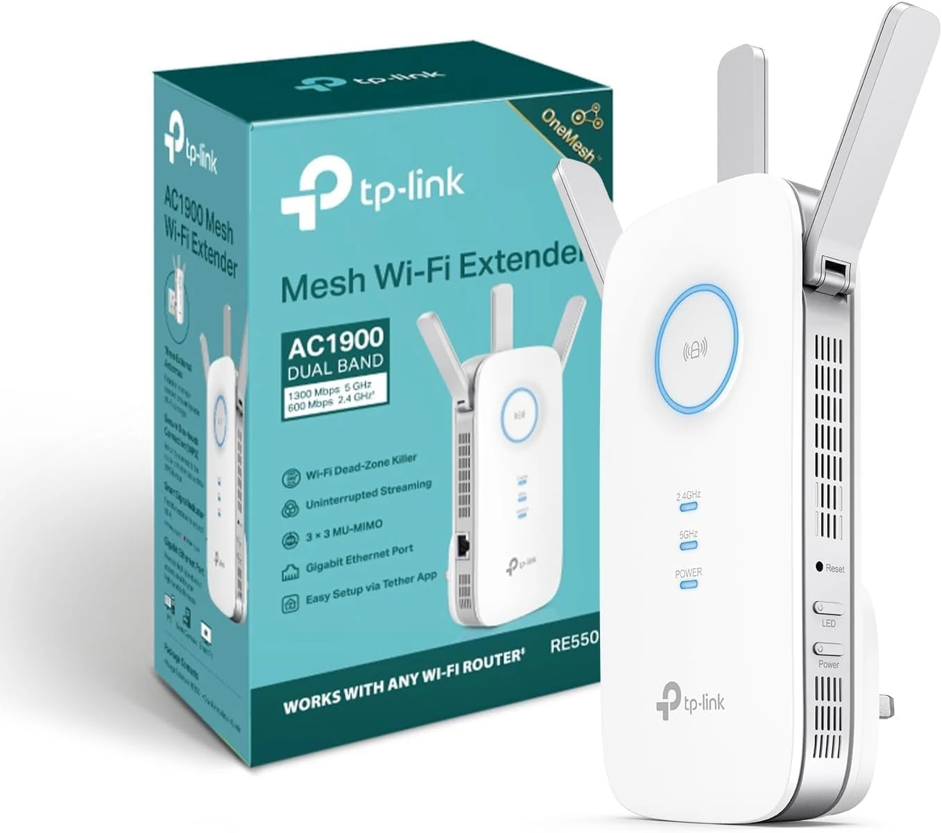 TP-Link RE550 AC1900 Wi-Fi Range Extender, Dual Band Wi-Fi Extender Boost, 3 Antennas, Gigabit Ethernet Port, Intelligent Monitor, AP Mode, Ultimate Compatibility Wi-Fi Mesh, Easy Setup