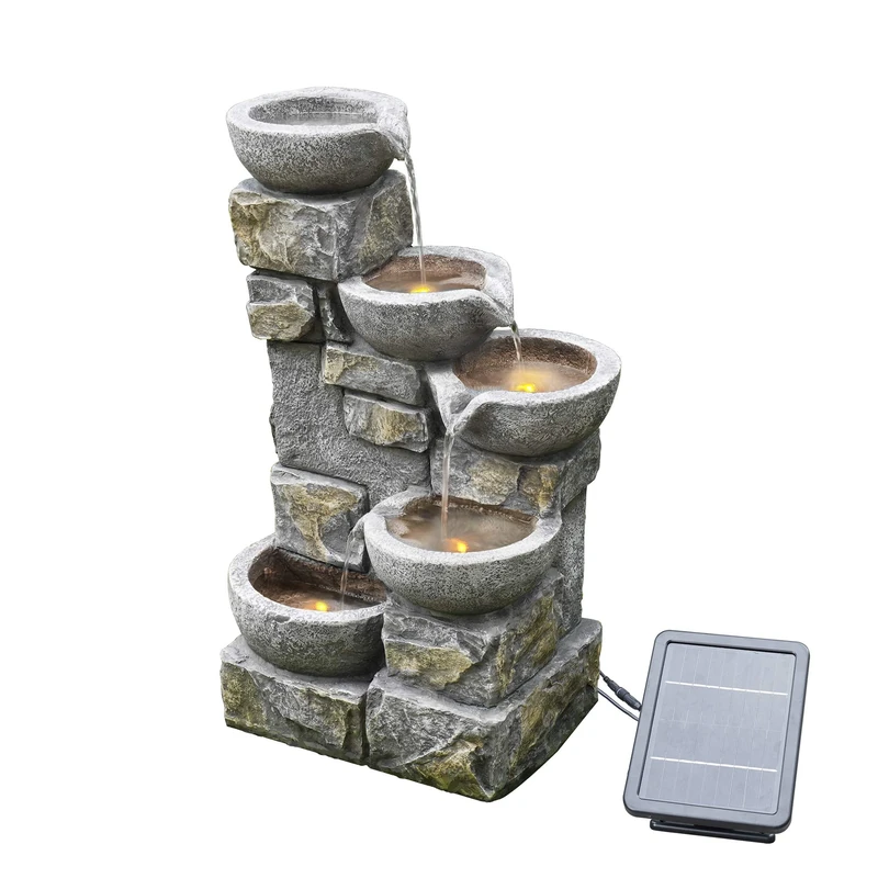Teamson Home Solar Powered Water Feature, Indoor or Outdoor Garden Water Fountain, Indoor Waterfall with Battery Back Up and LED Lights, 4 Tier