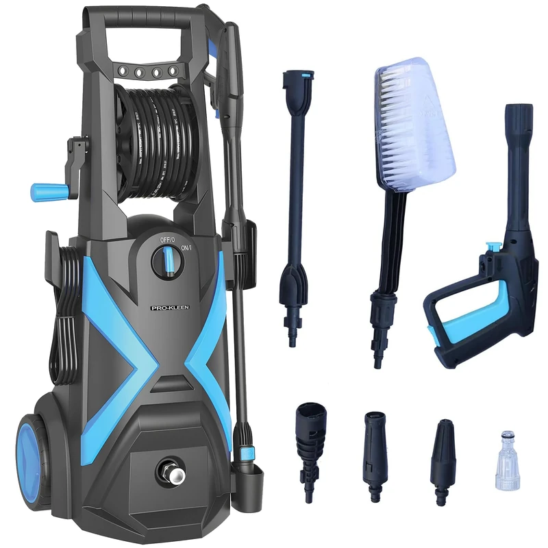 Pro-Kleen Pressure Washer Electric, Power Jet Wash Portable Washers, 165 Bar Max, 2200W with Gun, Turbo Nozzle, Brush & 8M Hose On Reel, Cars, Vehicles, Decking, Patio