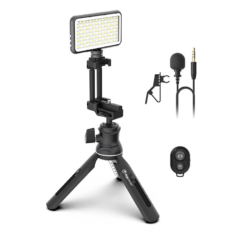 DigiPower Vlogging Kit Instructor with LED Video Light, Clip-on Lavalier Microphone, Mobile Phone + Camera Holder, Handle/Mini Tripod, for Smartphones + Cameras, for TikTok, YouTube, Streaming,