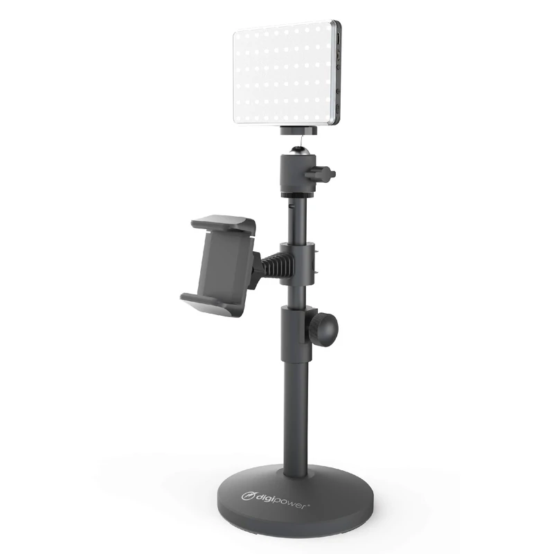 digipower Achiever Metal Smartphone Stand with 60 LED Video Light, Height Adjustable Phone Holder, Compatible with Smartphones