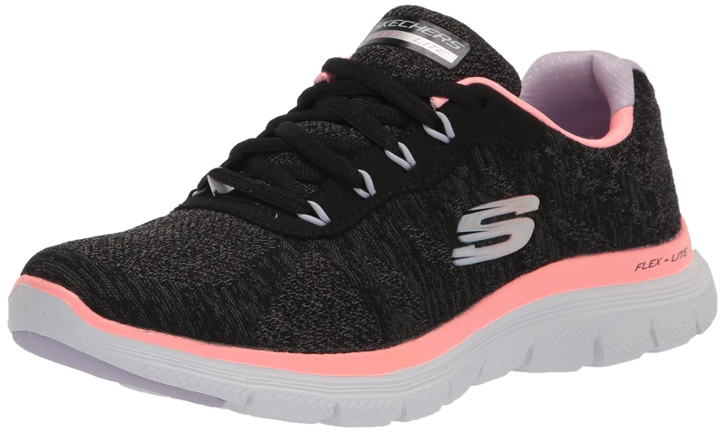 Skechers Women's Flex Appeal 4.0 Fresh Move Sneaker,Black Mesh / Coral & Lavender Trim,4 UK