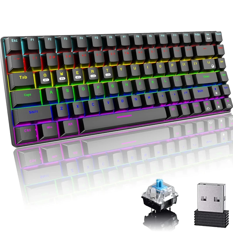 Mechanical Gaming Keyboard, Bluetooth/2.4GHz Wireless/Wired 3-mode Blue Switch 84 Keys Compact Keyboard, Rechargeable 3000 mAh Battery, 20 LED Rainbow Backlit Mode, Suitable for Office, Typist & Games