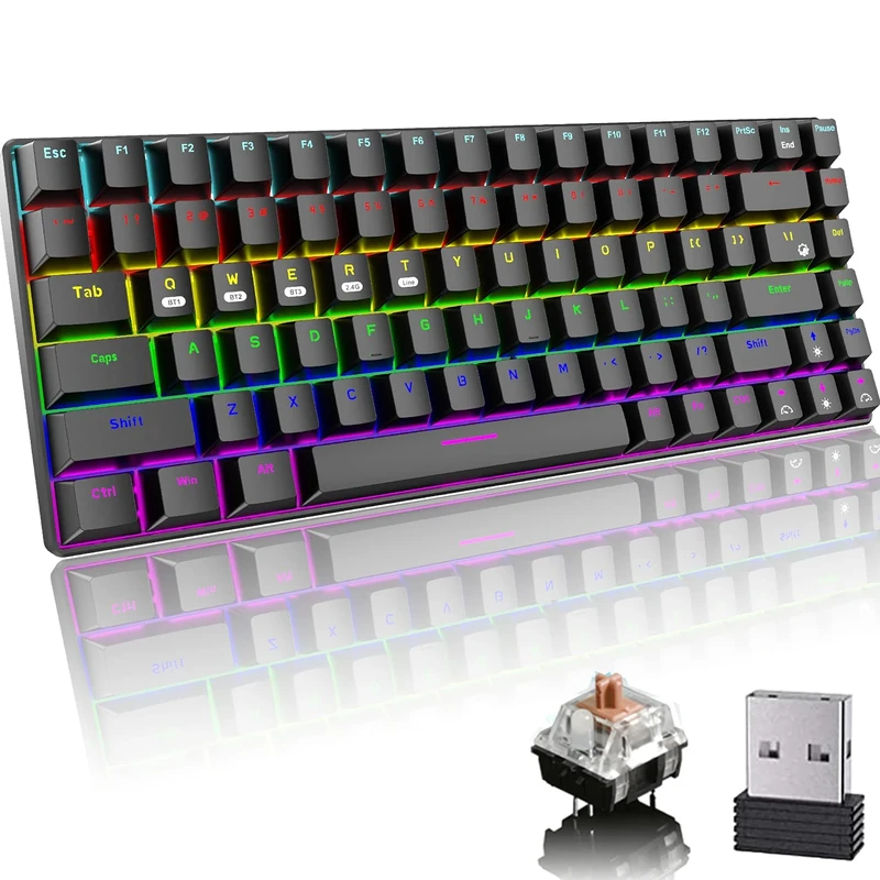 Mechanical Gaming Keyboard, Bluetooth/2.4GHz Wireless/Wired 3-mode Brown Switch 84 Keys Compact Keyboard, Rechargeable 3000 mAh Battery, 20 LED Rainbow Backlit Mode, Suitable for Typist & Games