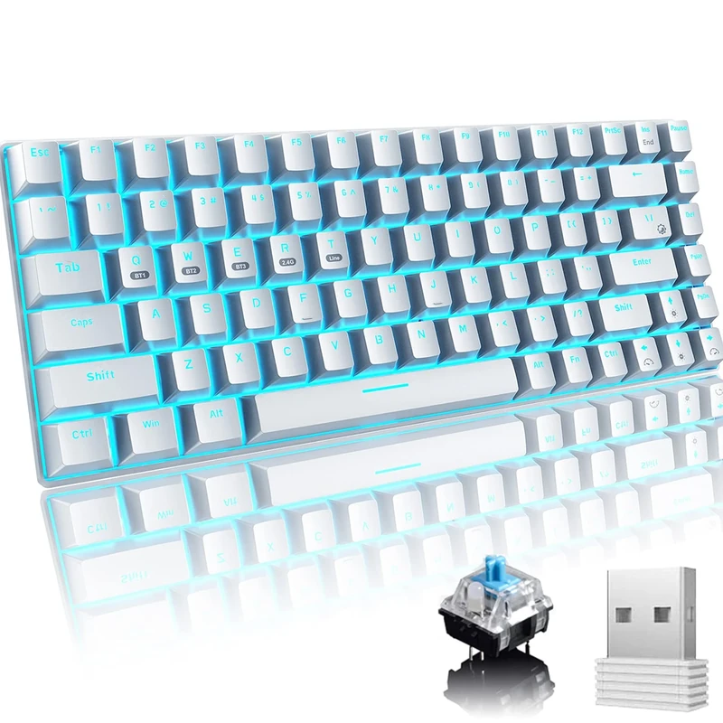 Mechanical Gaming Keyboard, Bluetooth/2.4GHz Wireless/Wired 3-mode Blue Switch 84 Keys Compact Keyboard, Rechargeable 3000 mAh Battery, 20 LED Blue Backlit Mode, Suitable for Office, Typist & Games