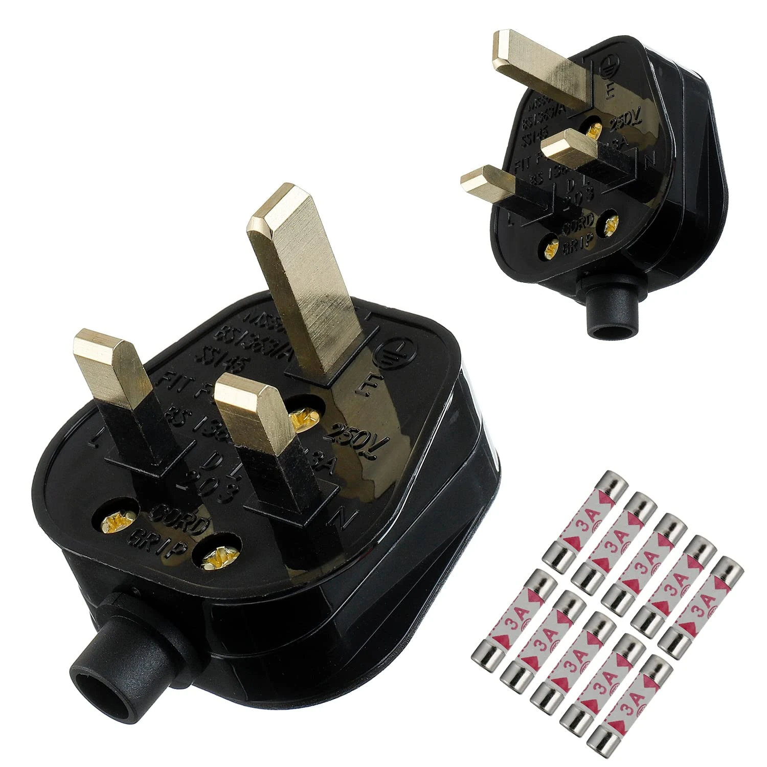 HUAREW 3A Fused Mains Plug With Cord Grip For UK Fuses Black ( Pack of 2 pcs ）