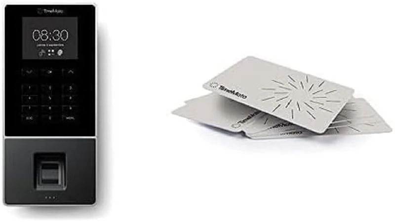 TimeMoto TM—626 and RF-100 Employee Clocking in with Fingerprint reader, PIN, and RFID Badge Machine. Up to 200 Users. Employee Management Software Included and 25 RFID blocking badge.