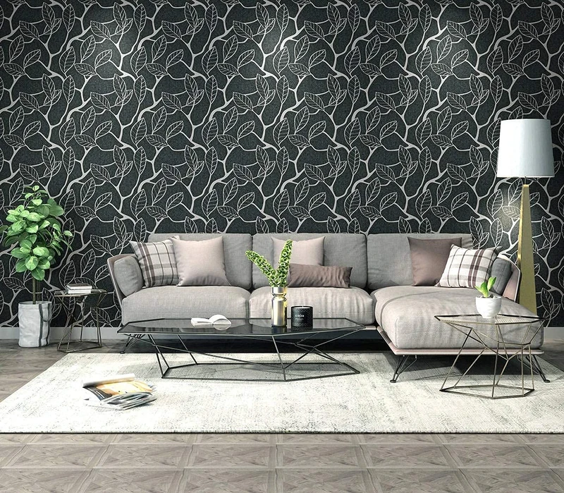 BUVU Wallpaper 0.53 x 10 m Vinyl Flower Wallpaper, Floral Leaves Design, Floral Decor, Modern Design, Loft Style, Washable, Black - Image 1