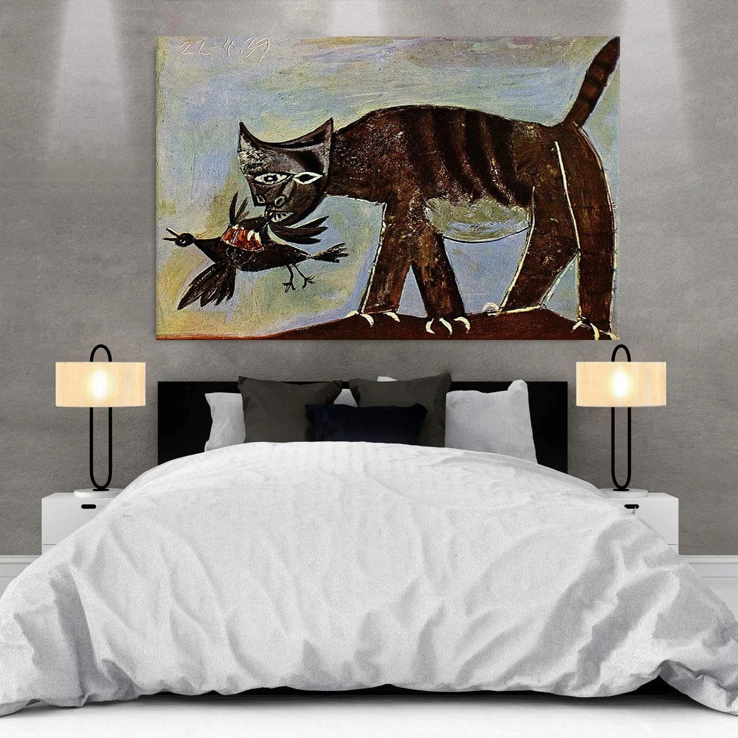 ZENDA Pablo Picasso Wall Art Picasso Cat Catching a Bird Painting Wrapped Canvas Art for Bedroom Livingroom Decoration Ready to Hang