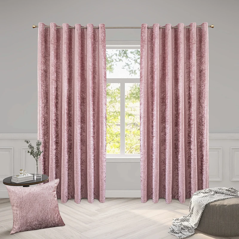 ROOEE Luxury Crushed Velvet Curtains PAIR Fully Lined Eyelet Ring Top For Bedroom, Living Room, Kitchen, Office (Blush Pink, 90" Wide x 108" Drop)