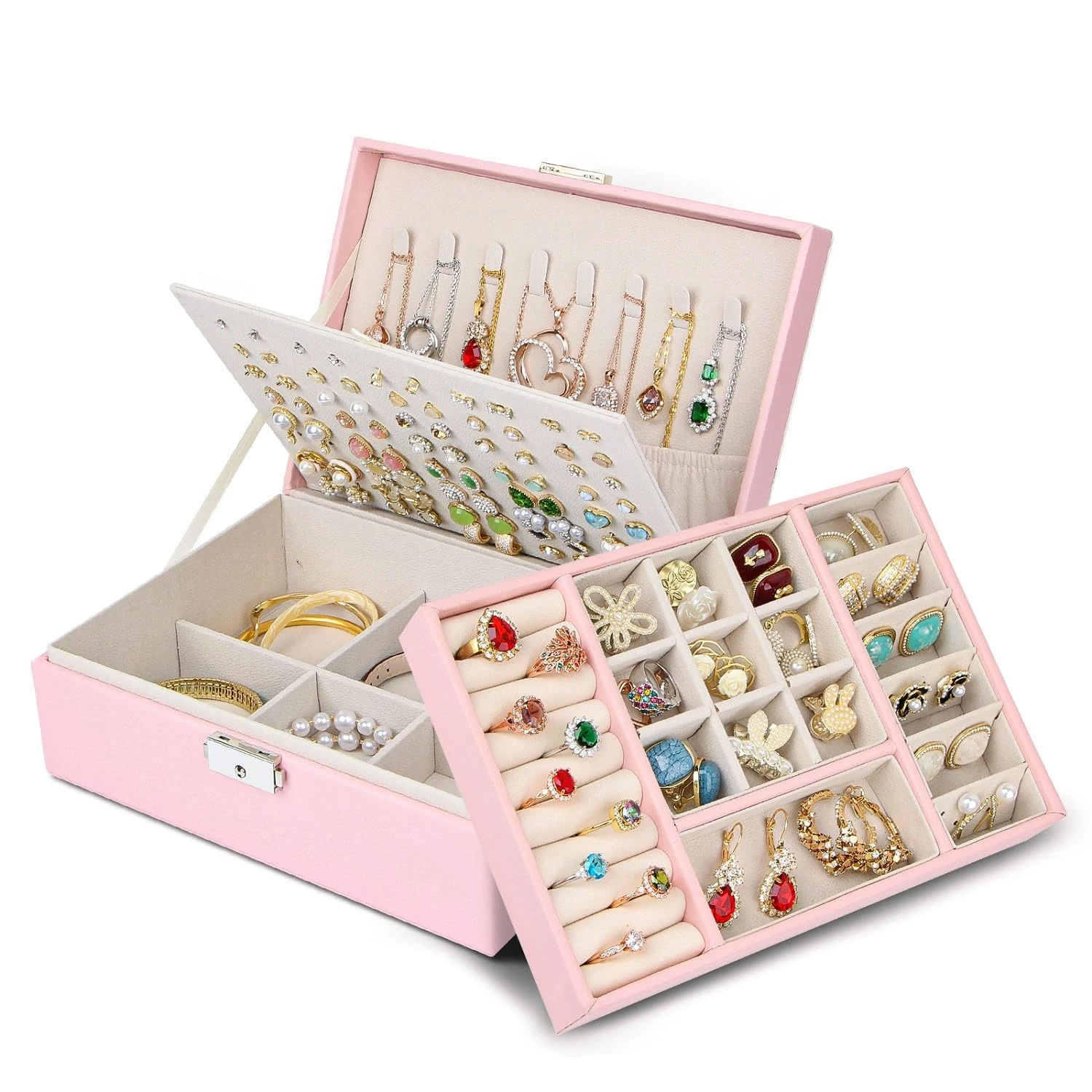 Chelory Jewellery Box Large Jewellery Organiser for Women Girls, 3 Layer Jewellery Case for Necklace Earrings Rings Bracelets Ladies, Travel Jewelry Storage with Stackable Layer for Loved Ones, Pink