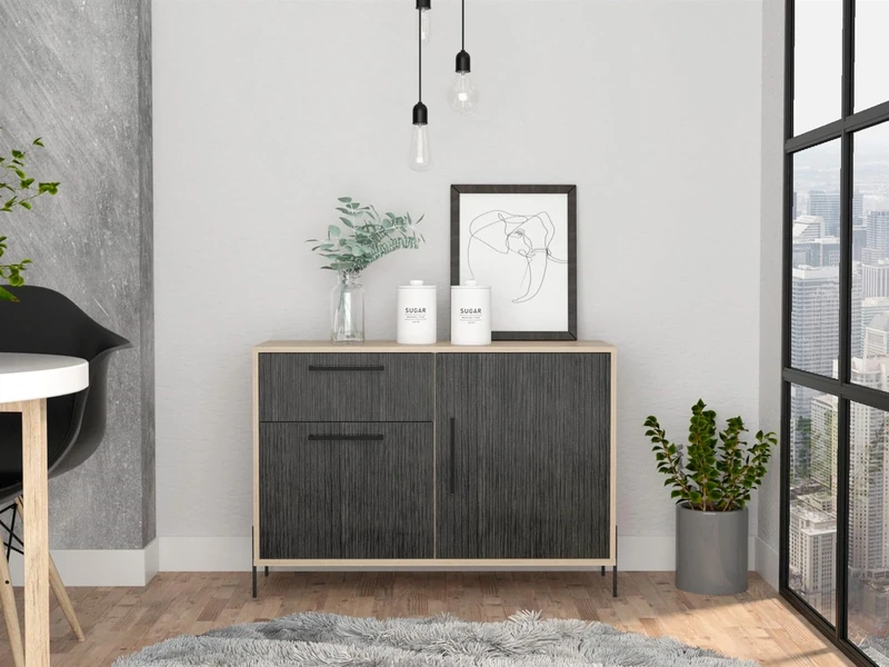 Home Source Compact Sideboard Cabinet, Living Room Cupboard, Grey Oak Effect Storage, 1 Drawer, Engineered Wood