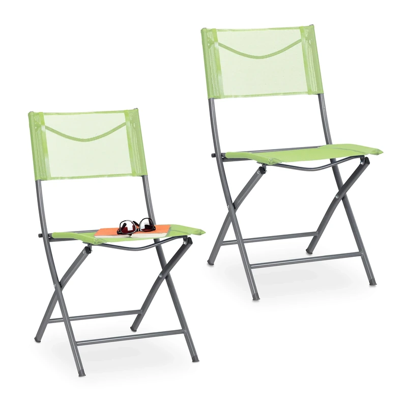 Relaxdays 2x Garden Chair, Foldup, Comfortable Backrest, Steel Frame, Plastic Seat, 120kg, Camping, Weatherproof, Green