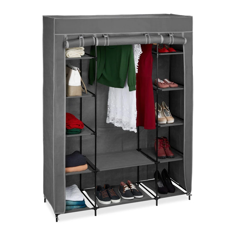 Relaxdays Fabric Wardrobe Rail & 12 Shelves, 175 x 135 x 45 cm, Closet with Zipper, Clothes Storage, Grey, Iron