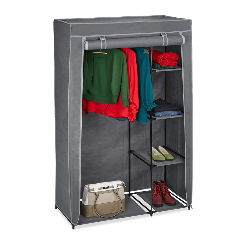 Relaxdays Fabric Wardrobe with Clothes Rail & 5 Shelves, 161 x 105.5 x 43 cm, Folding Closet with Zip, Storage, Grey