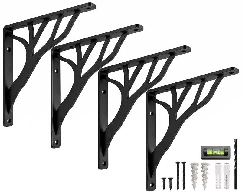 Rustic Tree Black Heavy Duty Shelf Brackets 10 inch by Balin Designs, Decorative L Brackets, Iron Metal Floating Shelf Bracket, Wall Mount Shelving Bracket, Included Hardware, Set of 4