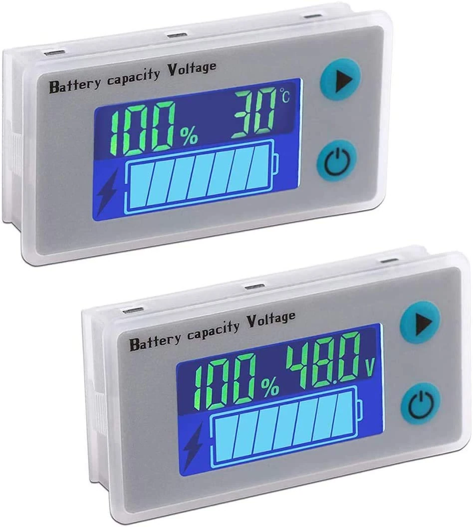 DollaTek 2PCS Battery Capacity Monitor 10-100V Programmable Battery Level Voltage Temperature Meter Gauge 12V 24V 36V 48V LCD Display Percentage Indicator Tester Electric Quantity Detector
