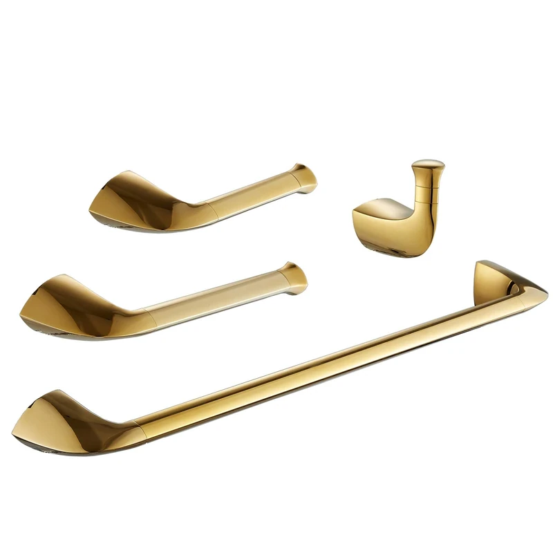 SHUNLI Towel Rail Set Bathroom Accessories 4 Pieces Towel Bar+Towel Ring+Toilet Paper Holder+Hooks,Polished Gold Wall Mount,Stainless Steel SUS304