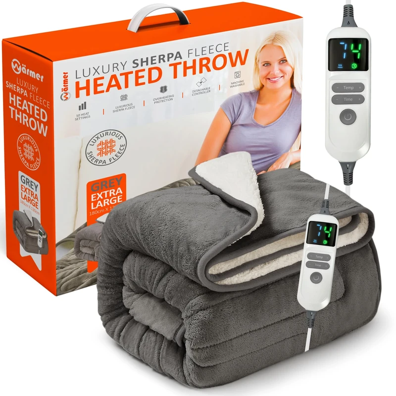 Wärmer Electric Heated Throw Blanket - Extra Large 130cm x 180cm Digital Controller - 9 Hour Timer, 9 Heat Settings, Auto Shutoff, Machine Washable - Grey
