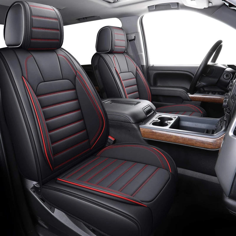 YIERTAI Compatible with Chevy Chevrolet Silverado GMC Sierra Seat Covers for 2007-2025 1500/2500/3500HD Crew Double Cab Truck Waterproof Leather Car Seat Covers(5 PCS Full Set/Black-Red)