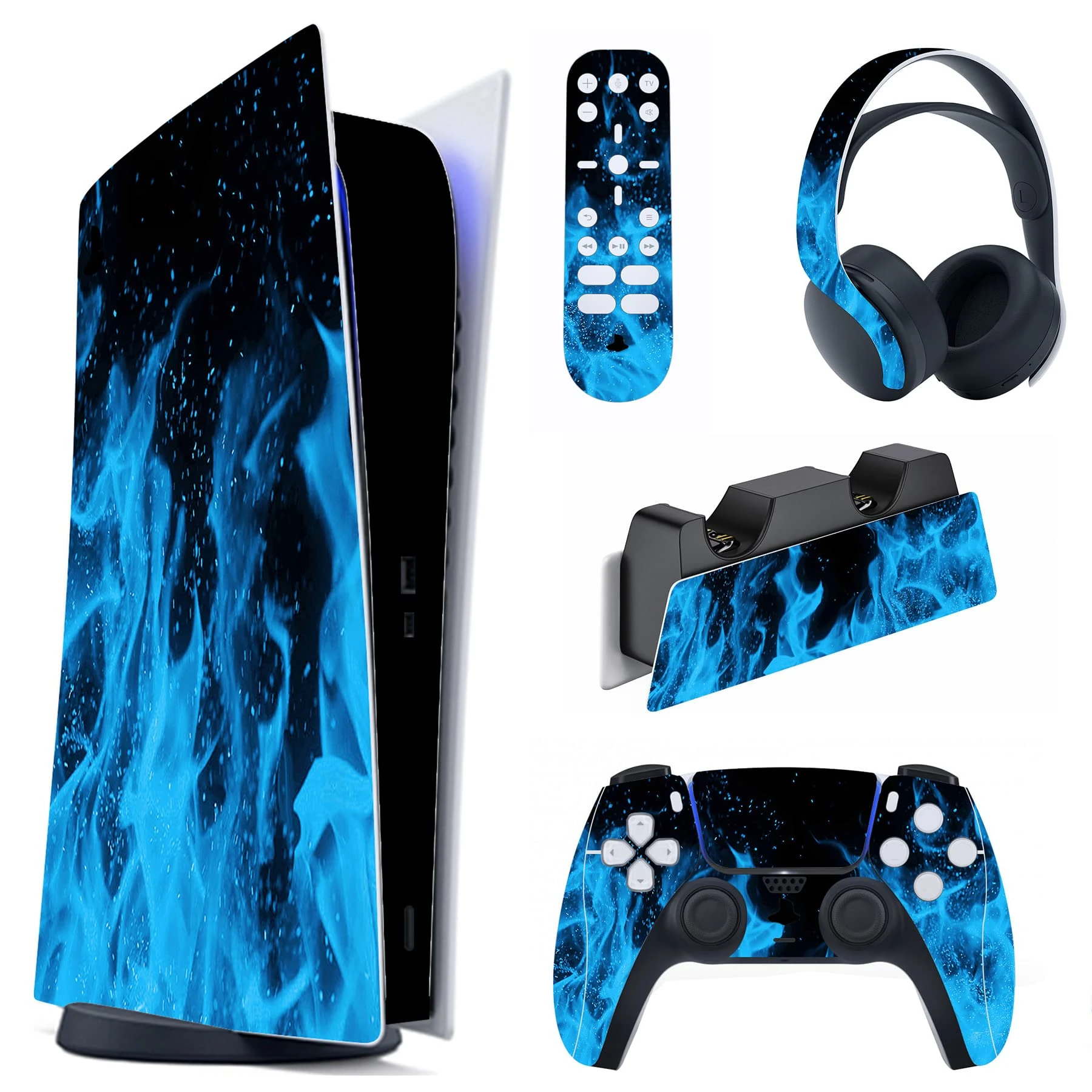 playvital Blue Flame Full Set Skin Decal for ps5 Console Digital Edition, Sticker Vinyl Decal Cover for ps5 Controller & Charging Station & Headset & Media Remote