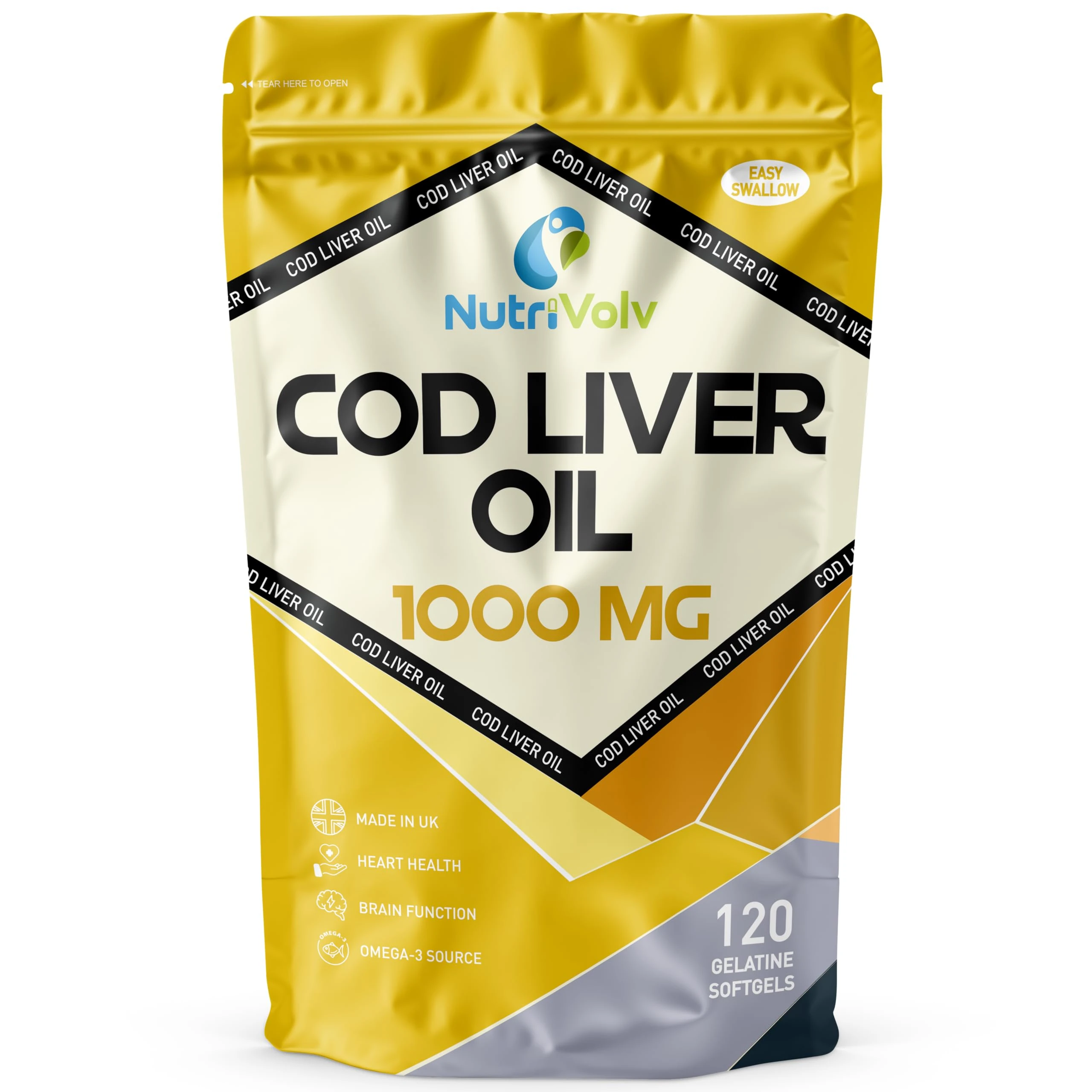 Cod Liver Oil High Strength 1000mg Heart, Brain and Joint Healthcare Supplements, Natural Rich Source of Omega 3 Fatty Acids | 120 Capsules