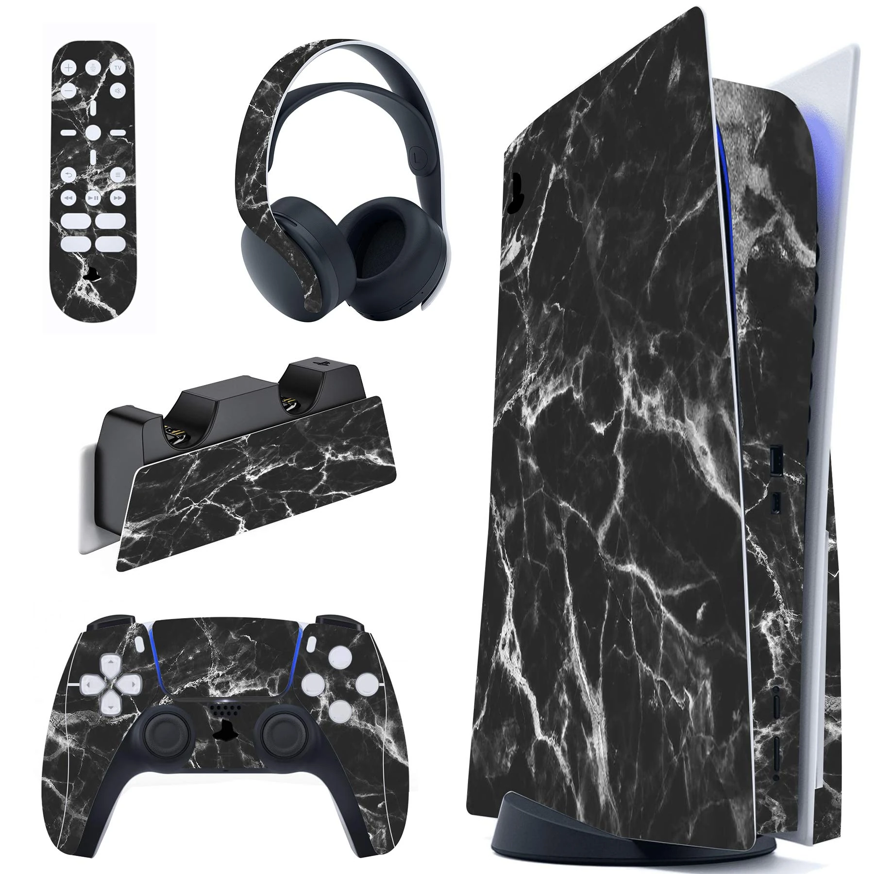 playvital Black White Marble Effect Full Set Skin Decal for ps5 Console Disc Edition,Sticker Vinyl Decal for ps5 Controller & Charging Station & Headset & Media Remote