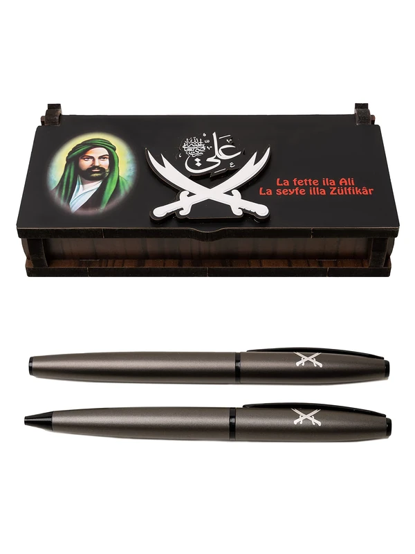 Gok-Turk Hz Ali Zulfikar Engraved Wooden Box with 2 Pens - Image 1