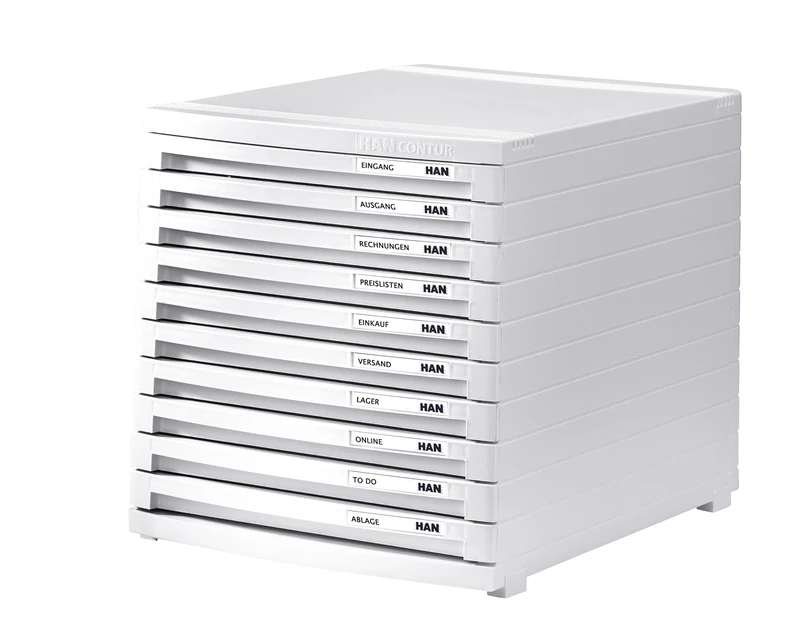 HAN Contur 1510-12 Drawer Box with 10 Flat Open Drawers up to B4 Format Including Pull-Out Lock Including Labelling Labels Rubber Feet Modular Expandable Drawer System White