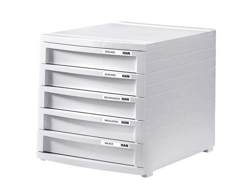 HAN Contur 1505-12 Drawer Box with 5 Tall Closed Drawers up to B4 Format Including Pull-Out Lock Including Labelling Labels Rubber Feet Modular Expandable Drawer System White