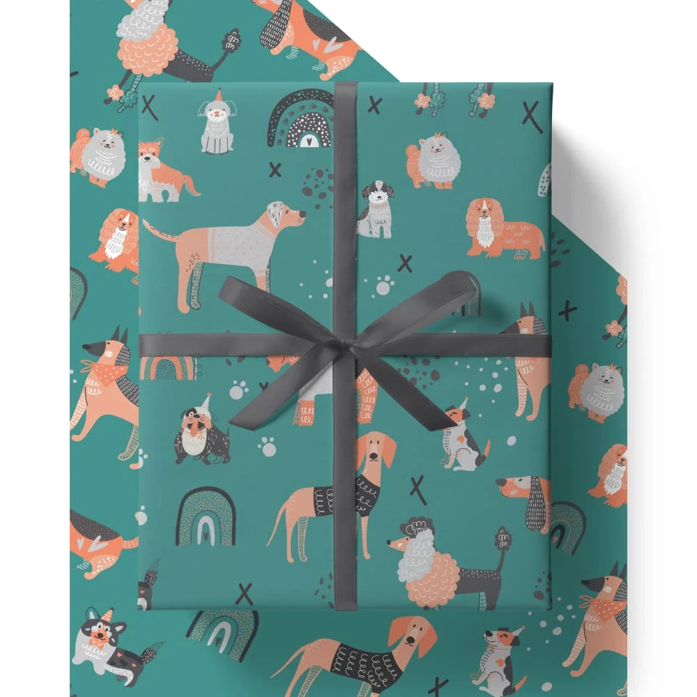 4 x Dog Wrapping Paper - HUGE 43% BIGGER [84cm x 60cm] Premium Eco Gift Wrap for Birthday Celebration for Men, Women or Kids who love Dogs (4 Sheets & 4 Tags)