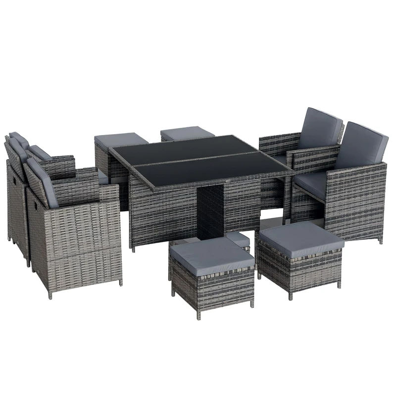 Outsunny 8 Seater Rattan Cube Garden Furniture Set, Rattan Dining Set with Cushions, Outdoor Dining Table and Chairs with 4 Armchairs, 4 Stools, Square Glass Top Table for Patio, Balcony, Grey