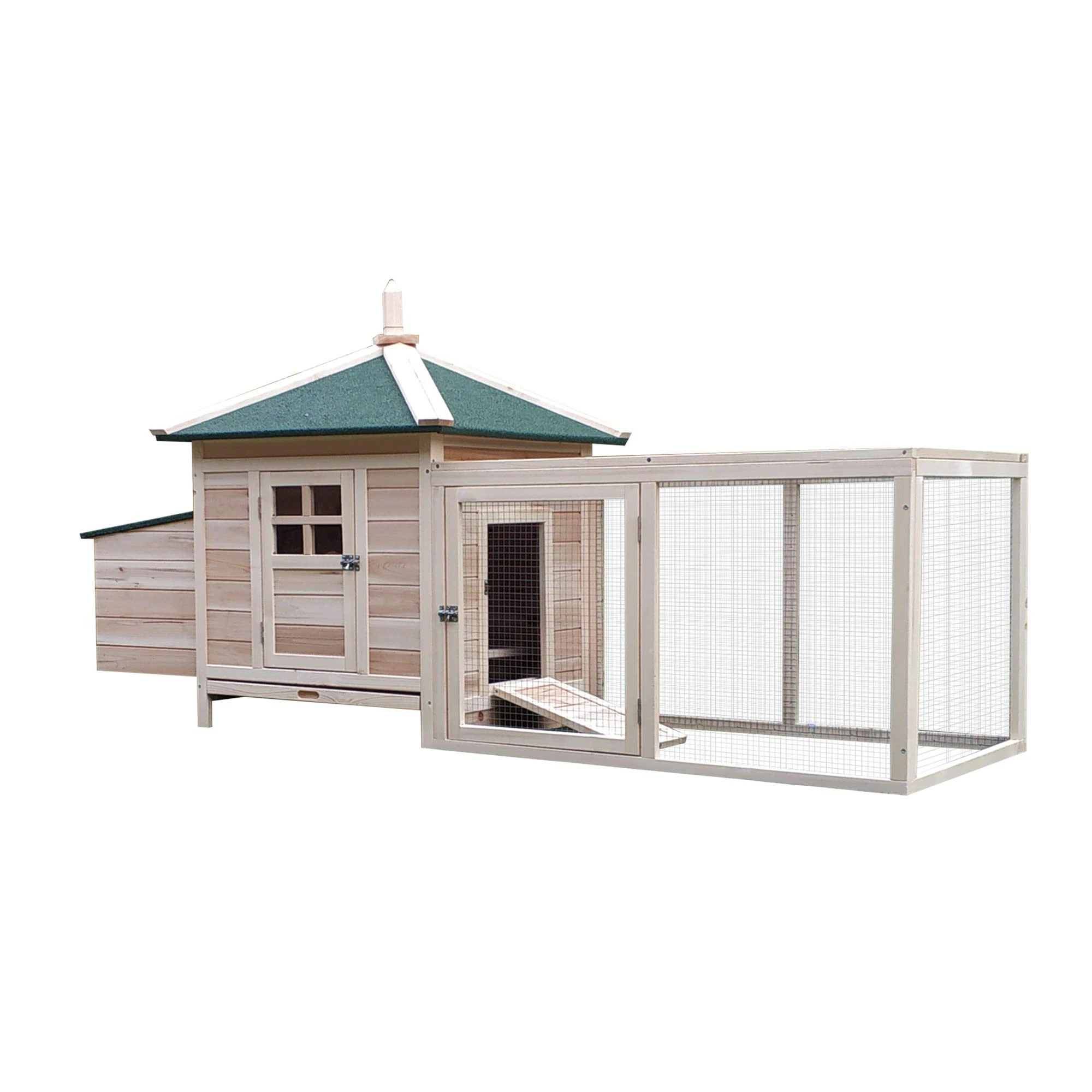 PawHut Chicken Coop with Chicken Run, Outdoor Hen House Poultry Cage with Nesting Box, Openable Top, 196 x 76 x 97cm, Natural