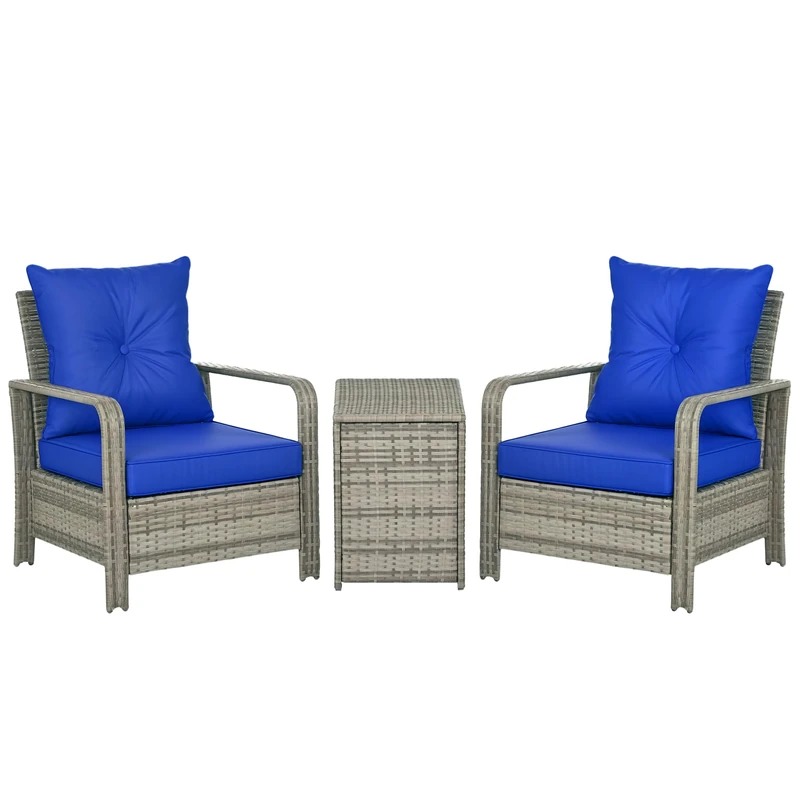 Outsunny 3 Pieces Rattan Bistro Set, Wicker Garden Furniture Set with Storage Coffee Table and Chairs, Thickened Cushions for Outdoor, Patio, Balcony, Blue