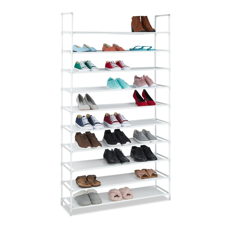 Relaxdays XXL Shoe Shelf For 50 Pairs of Shoes, 175.5 x 100 x 29 cm, Fabric and Metal, 10-Shelves, White