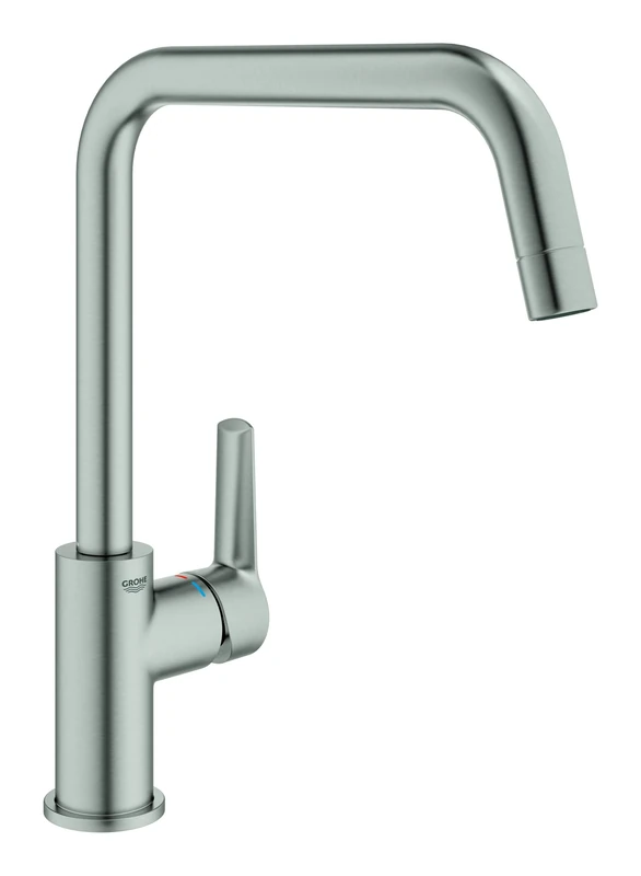 GROHE QUICKFIX Start – Kitchen Sink Mixer Tap (High U-Spout, 150° Swivel Area, 1 Hole Installation, 28 mm Ceramic Cartridge, Tails 3/8 Inch, QuickMount Included), Size 310mm, Stainless Steel, 30470DC0
