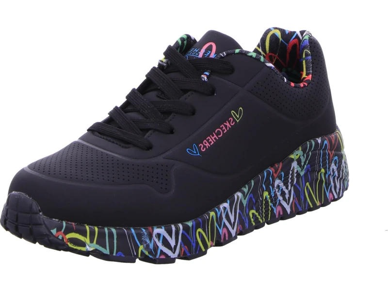 Skechers Girl's Uno Lite Lovely Luv Sneakers, Black Synthetic/Multi Trim, 4 UK Child