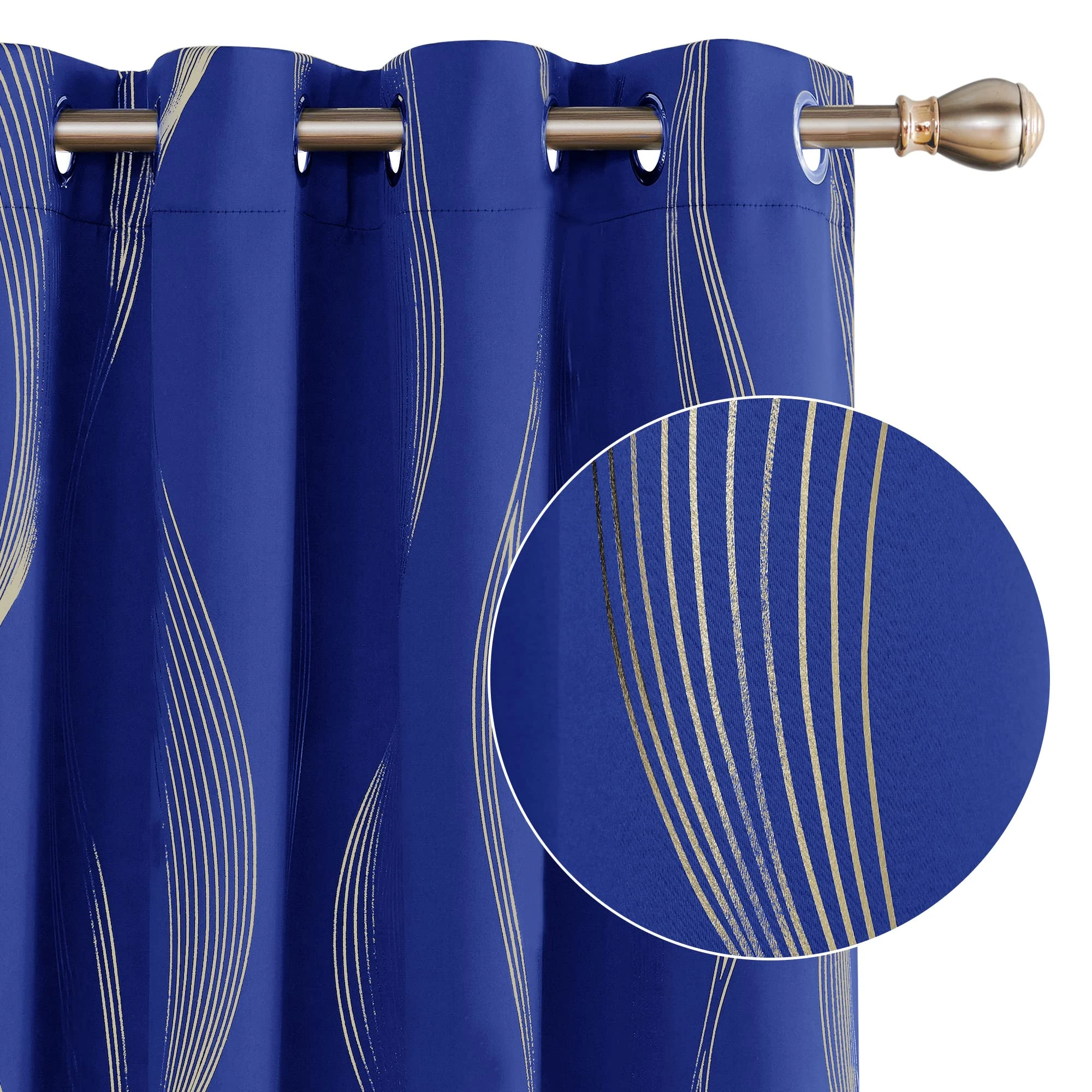 Deconovo Blackout Eyelet Curtains Thermal Insulated Gold Wave Line Foil Printed Curtains for Bedroom 46x54 Inch Blue 2 Panels