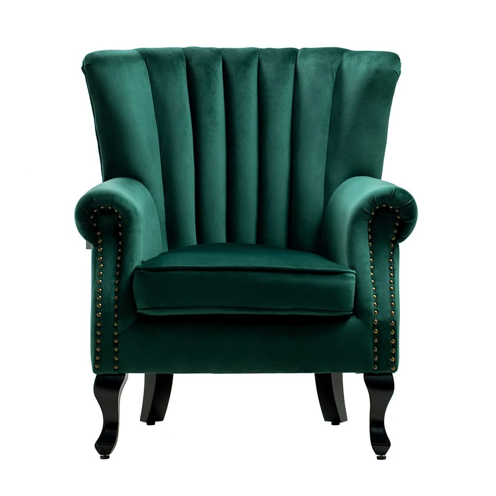 INMOZATA Armchair Velvet Accent Chair High Wingback Arm Fireside Chair Rest Occasional Chairs with Solid Wood Legs for Living Bedroom (Green)