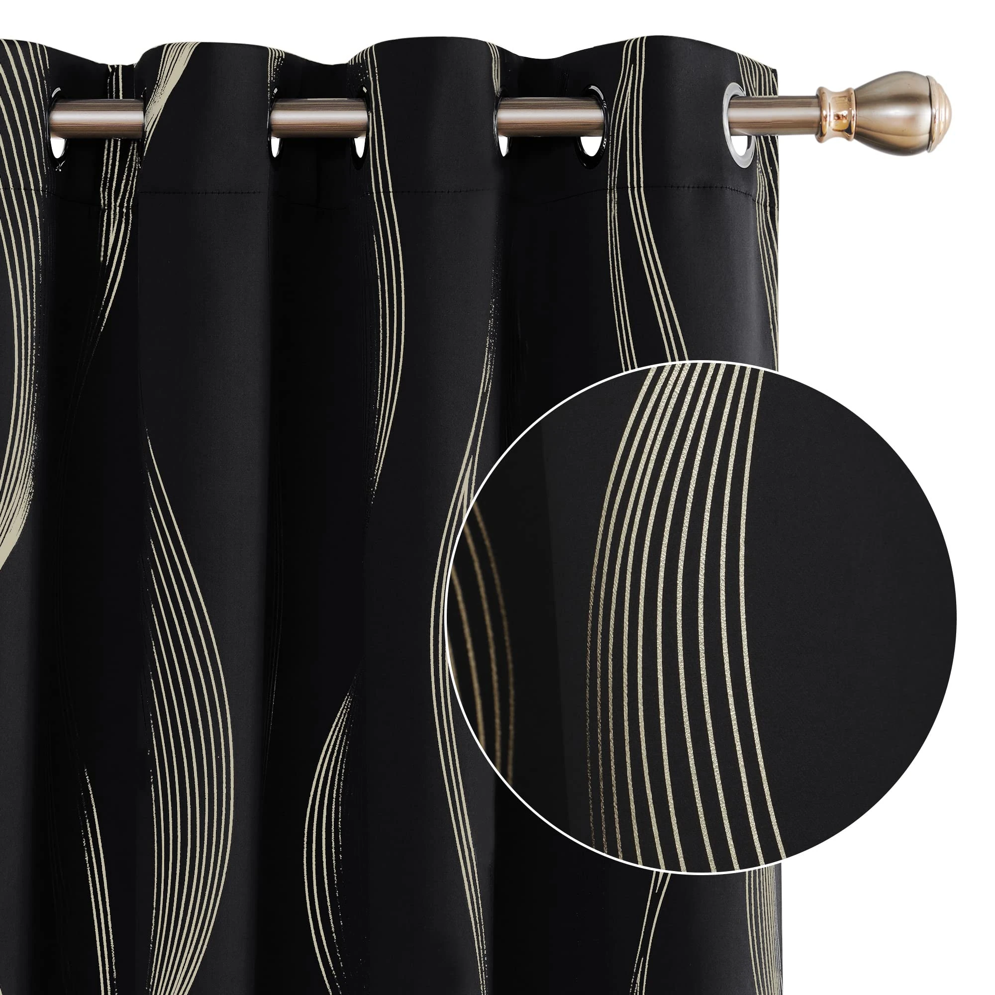 Deconovo Blackout Eyelet Curtains Thermal Insulated Gold Wave Line Foil Printed Curtains for Bedroom 66x54 Inch Black 2 Panels