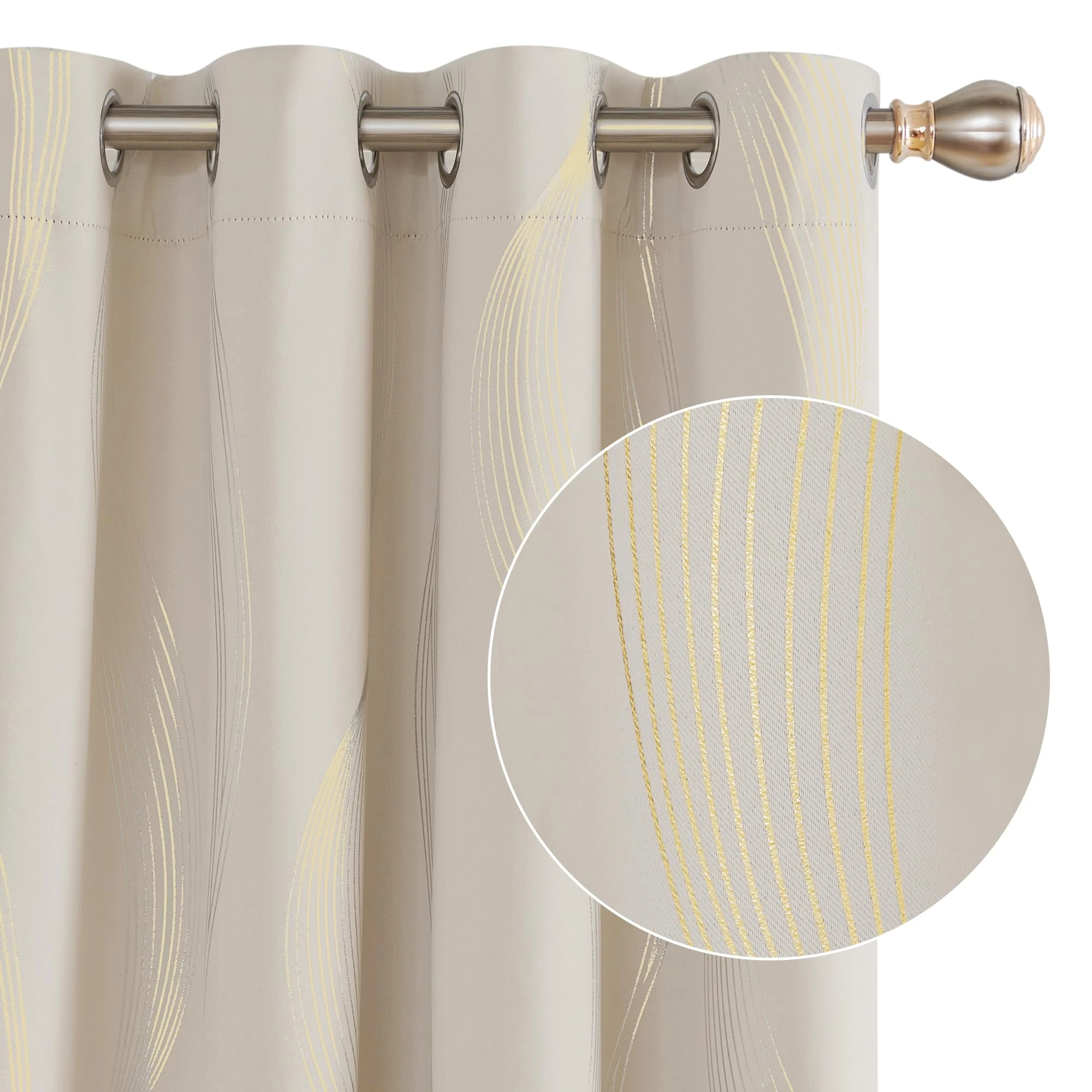 Deconovo Blackout Eyelet Curtains Thermal Insulated Gold Wave Line Foil Printed Curtains for Bedroom 46x54 Inch Beige 2 Panels